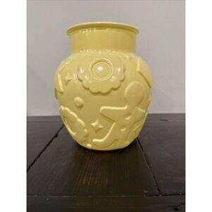Hazel Atlas Yellow Platonite  Glass‎ Embossed Cookie Shapes Cookie Jar W/O Lid